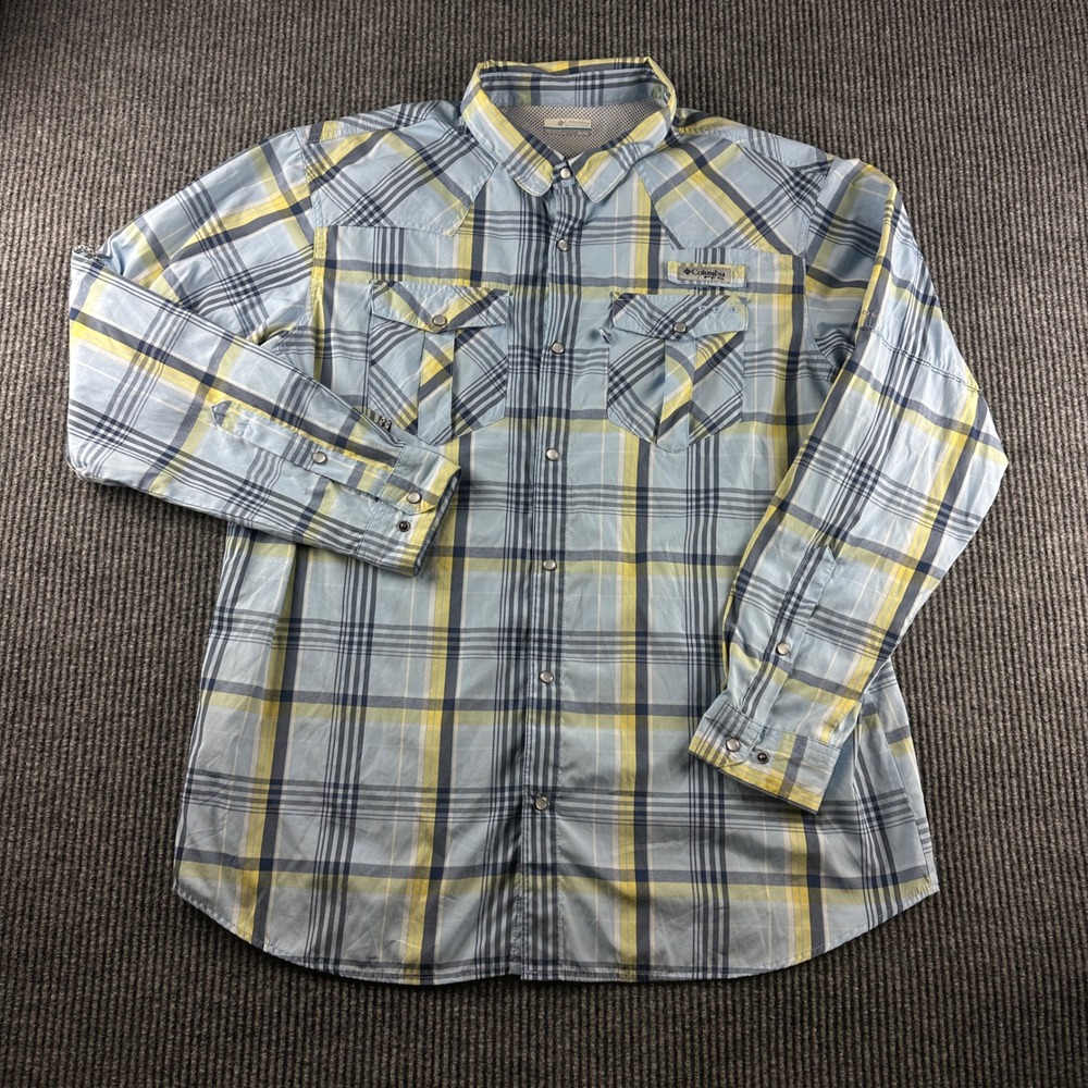Columbia PFG Mens XL Blue Yellow Plaid Long Sleeve Snap Fishing Shirt Ventilated